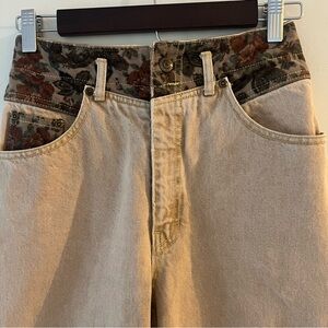 Women’s 90’s Unique Vintage Khaki Jeans with Floral Fabric Detail Size 27